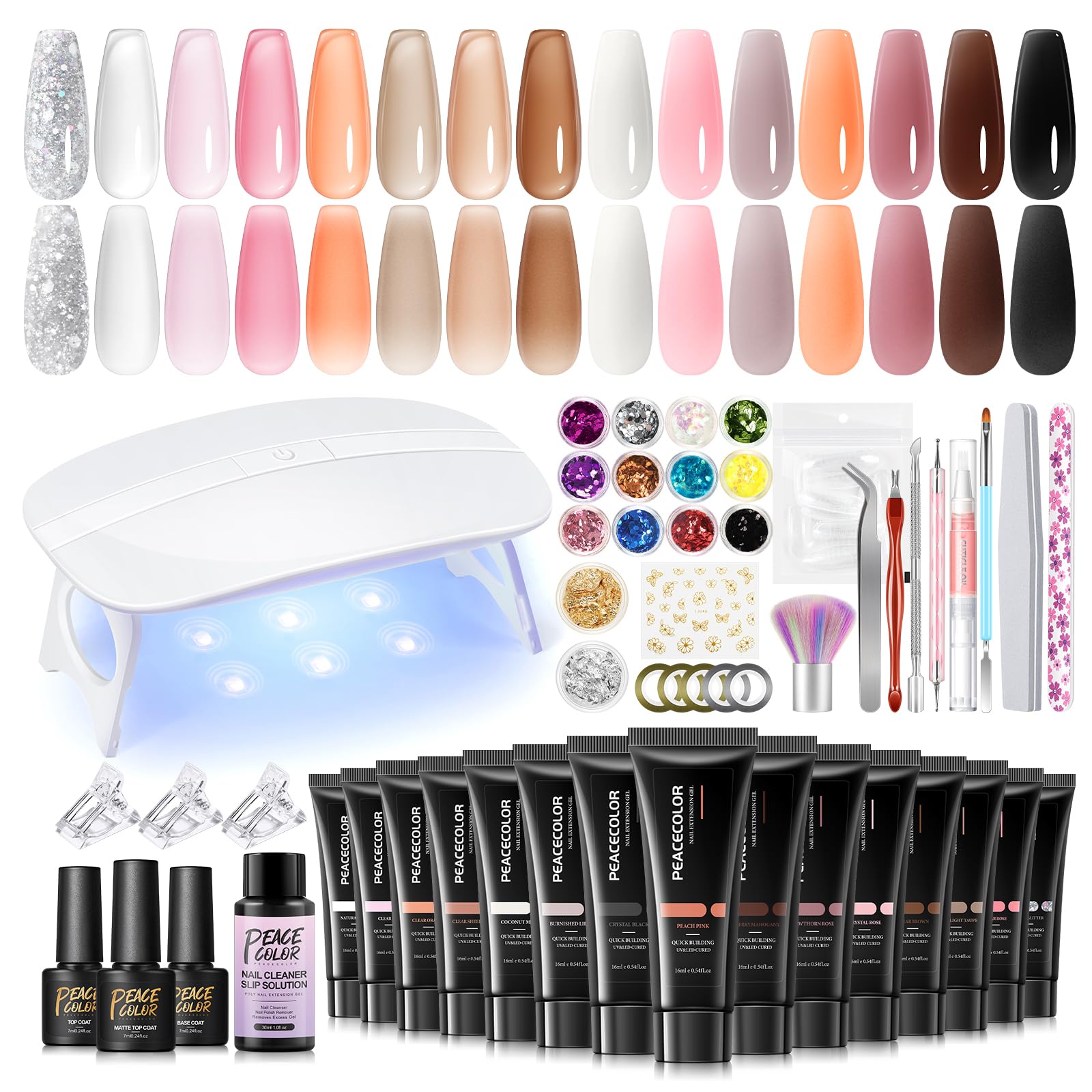 PEACECOLOR Poly Nail Gel Kit — 15 Colors, Mini Lamp, All-in-One DIY Salon Kit