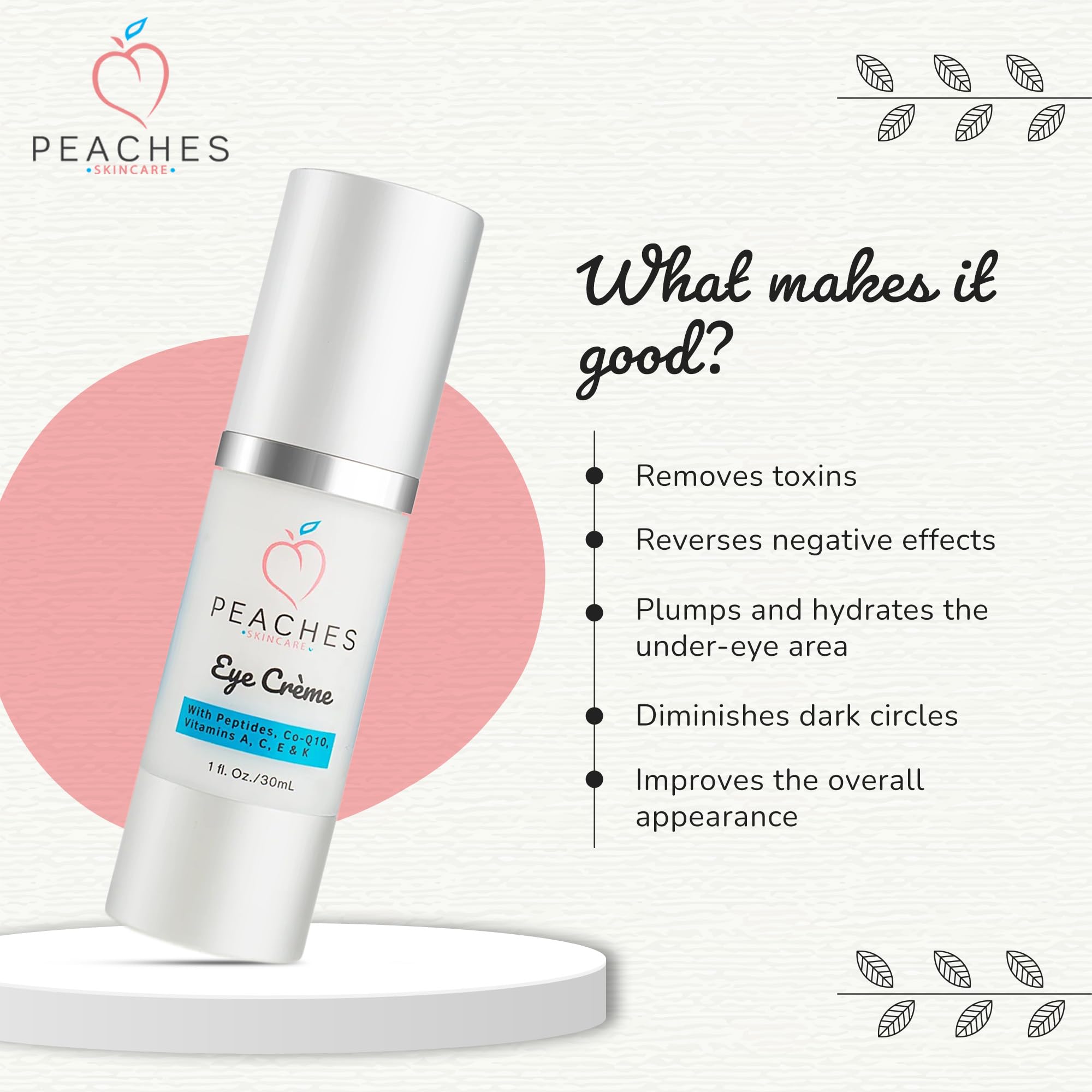 Peaches Skin Care Under Eye Cream – Target Puffiness, Dark Circles & Bags (Vegan)