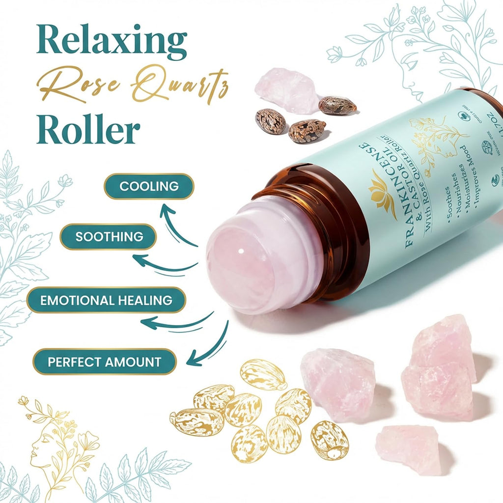 Peehss Frankincense & Castor Oil Rose Quartz Roller – Organic Face Roller (1.7 fl oz)