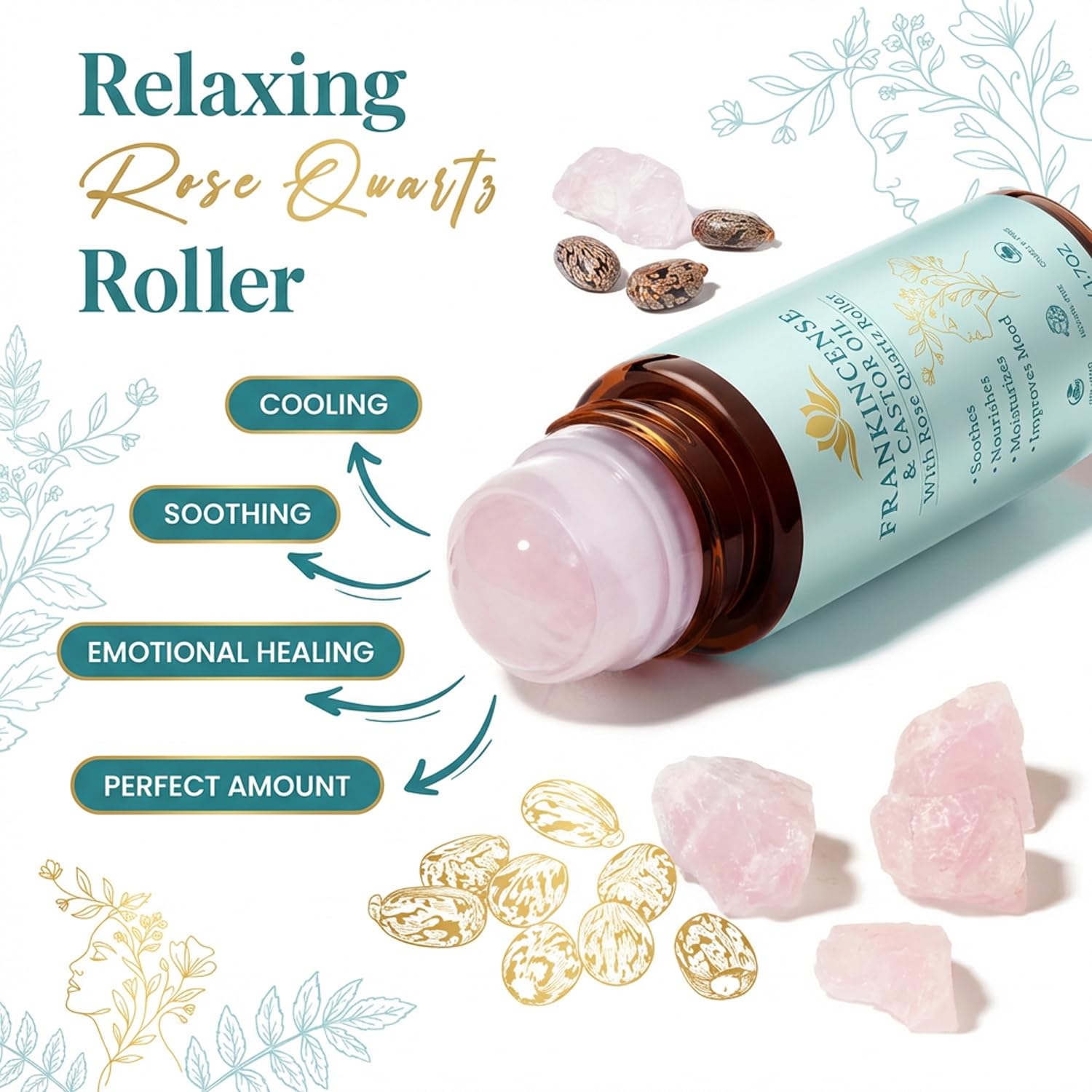 Peehss Frankincense & Castor Oil Rose Quartz Roller – Organic Face Roller (1.7 fl oz)