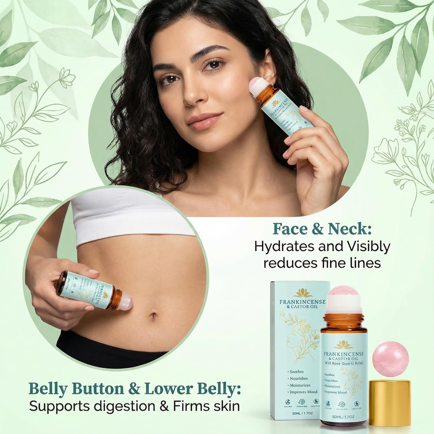 Peehss Frankincense & Castor Oil Rose Quartz Roller – Organic Face Roller (1.7 fl oz)