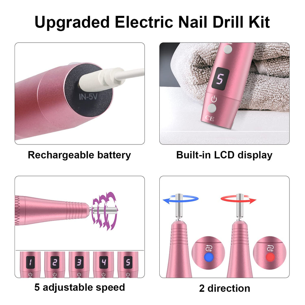 PEL-CAS Cordless Electric Nail Drill Kit – 20000RPM, 5 Speeds, LCD Display, 11 Attachments