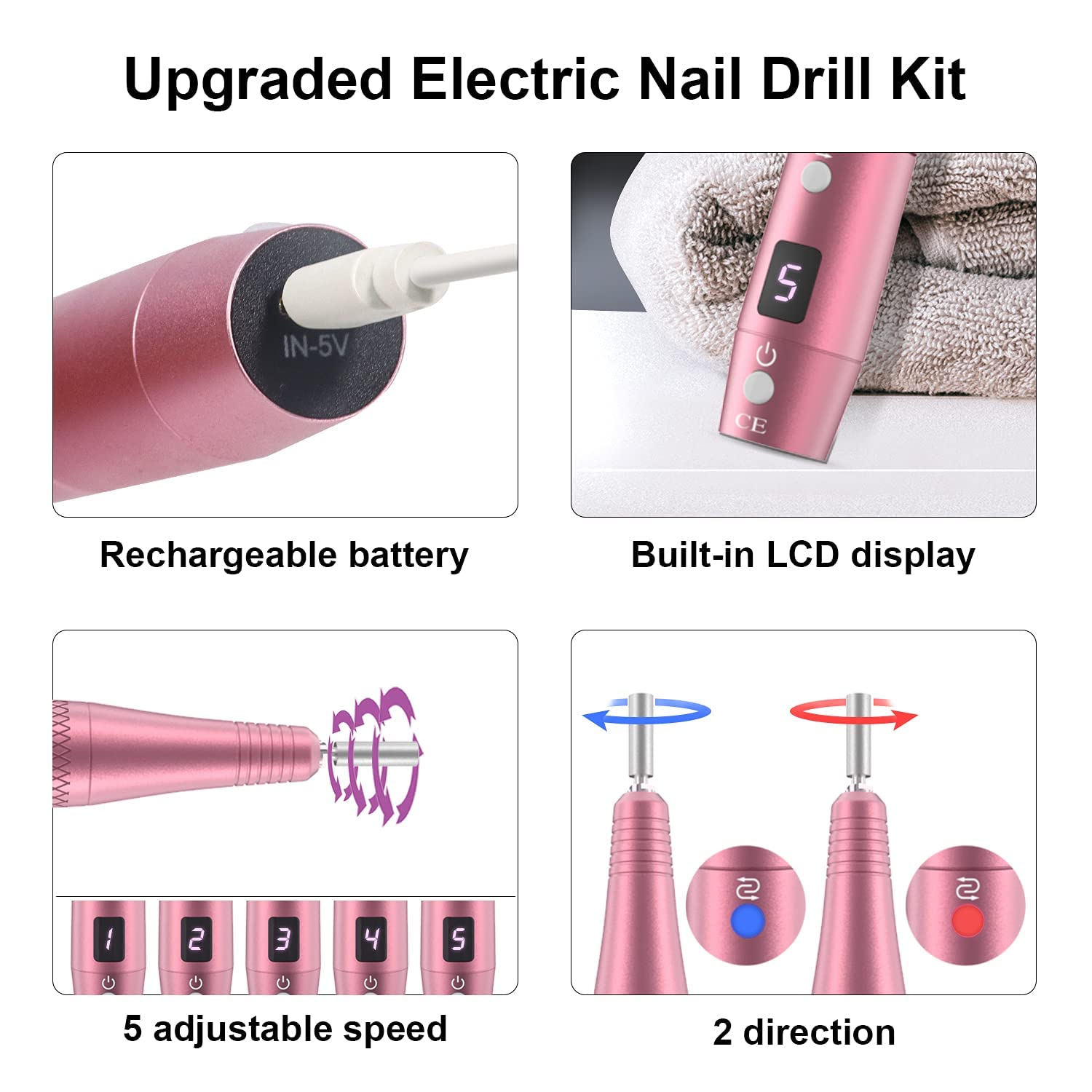 PEL-CAS Cordless Electric Nail Drill Kit – 20000RPM, 5 Speeds, LCD Display, 11 Attachments