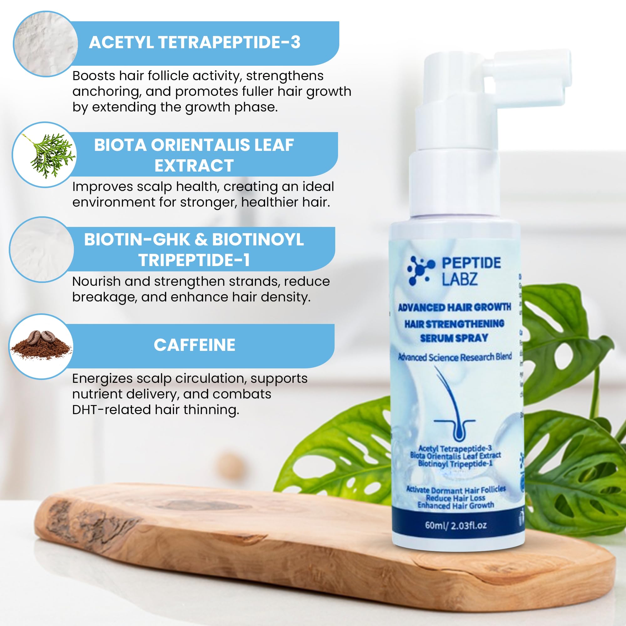 PeptideLabz Hair Growth Serum Spray – Acetyl Tetrapeptide-3, Biotinoyl Tripeptide-1, Caffeine, Licorice Root Extract