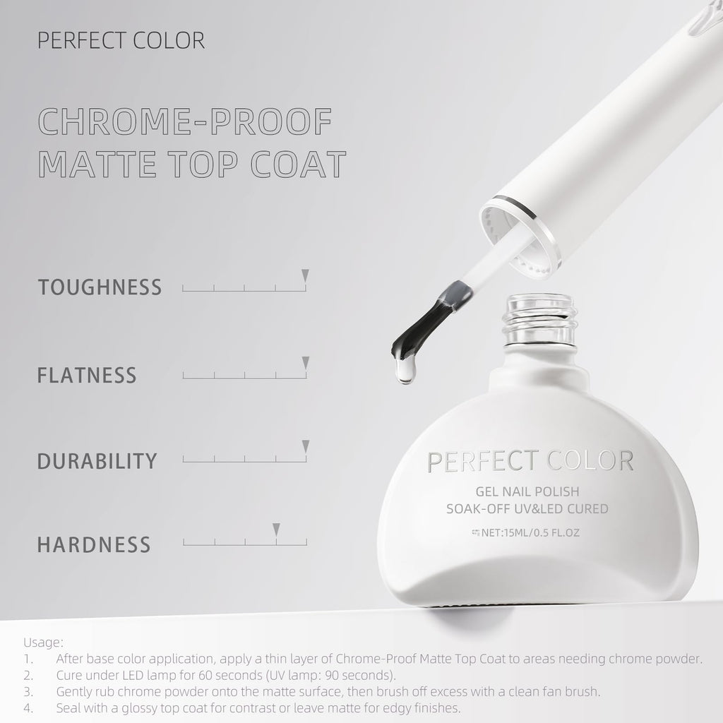 PERFECT COLOR Chrome-Proof Matte Top Coat | UV/LED Cured Gel Nail Polish 0.5 fl oz