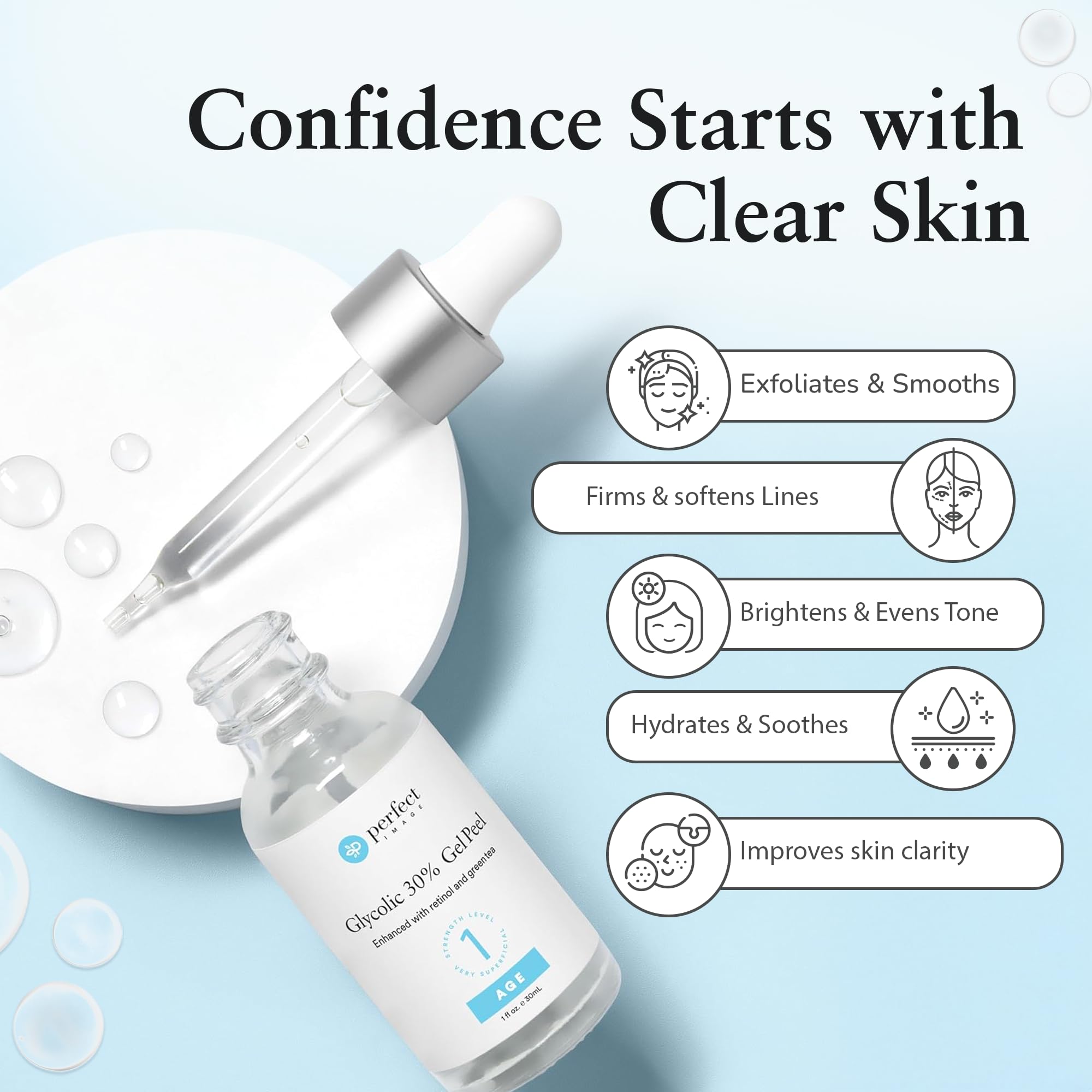 Perfect Image Glycolic 30% Gel Peel – Retinol & Green Tea, 1 oz | Professional Chemical Peel