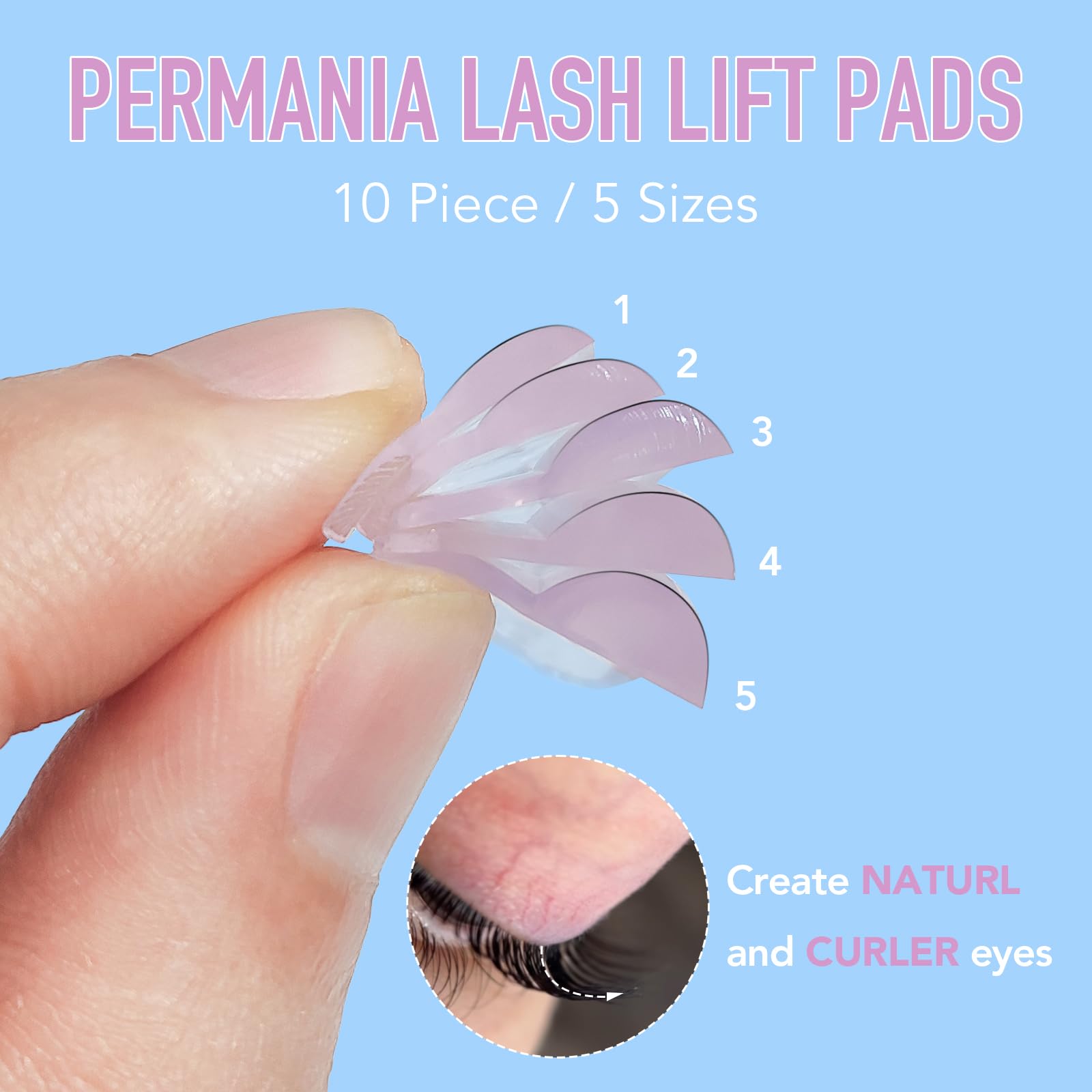 PERMANIA Lash Lift Pads – Self-Adhesive, 5 Sizes, 10Pcs Reusable Pink