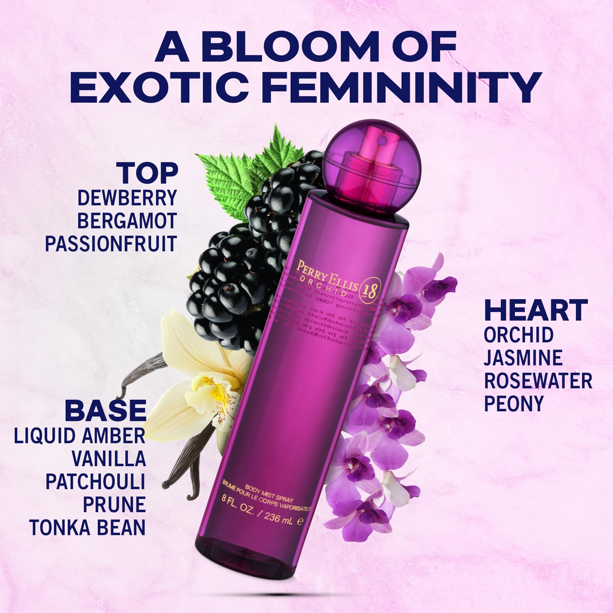 Perry Ellis 18 Orchid Body Spray for Women – Floral Vanilla Mist, Long-Lasting Scent, 8 oz