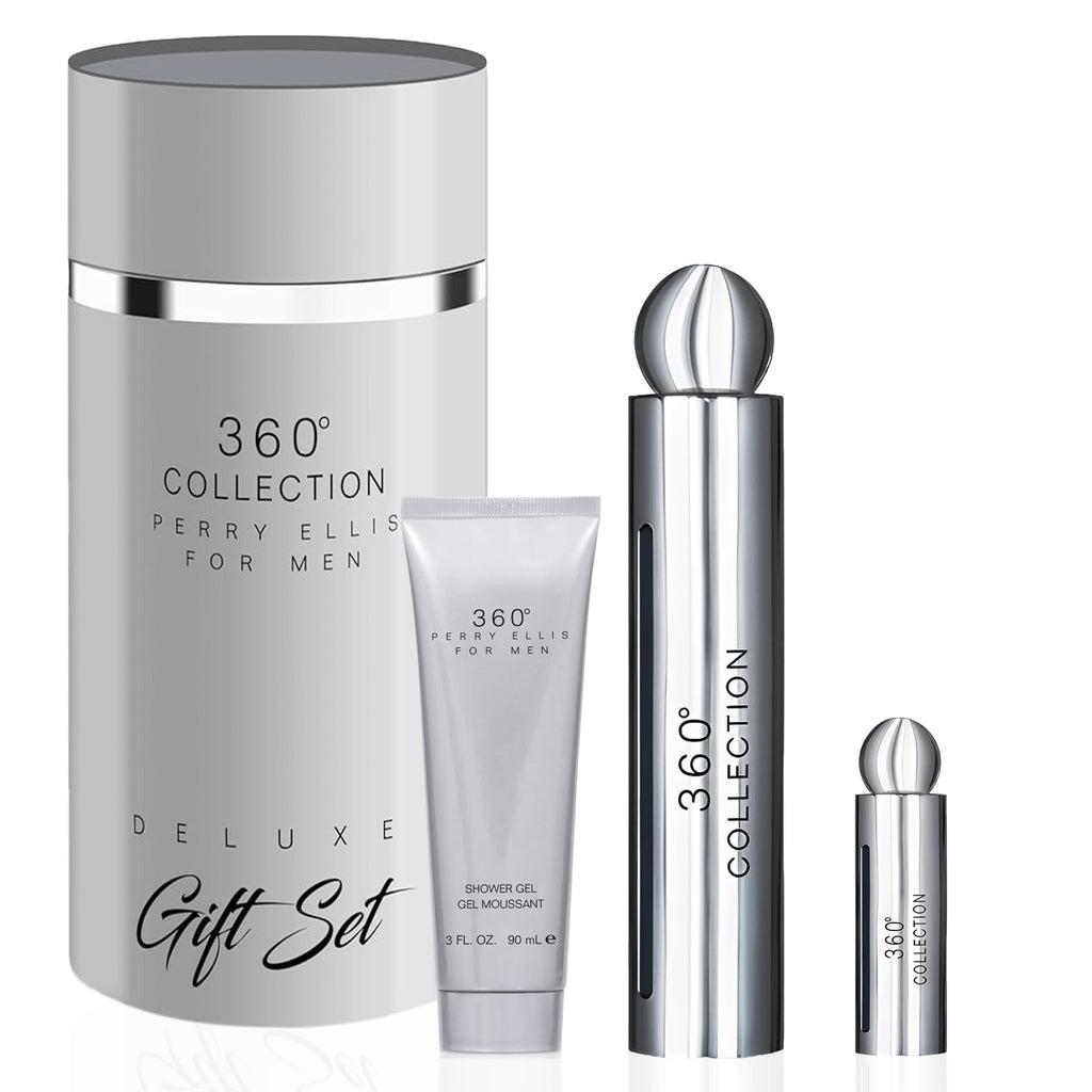 Perry Ellis 360° Collection for Men Gift Set – EDT 3.4 oz + Shower Gel 3 oz + Travel Spray