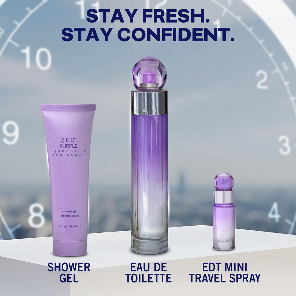 Perry Ellis 360 Purple Gift Set – EDP 3.4 oz, Shower Gel 3 oz, Travel Spray 0.25 oz