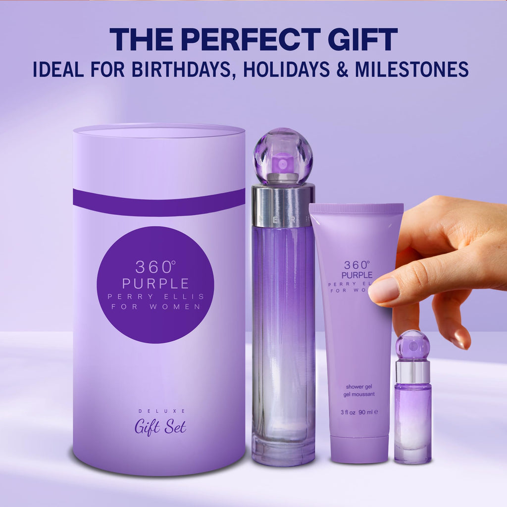 Perry Ellis 360 Purple Gift Set – EDP 3.4 oz, Shower Gel 3 oz, Travel Spray 0.25 oz