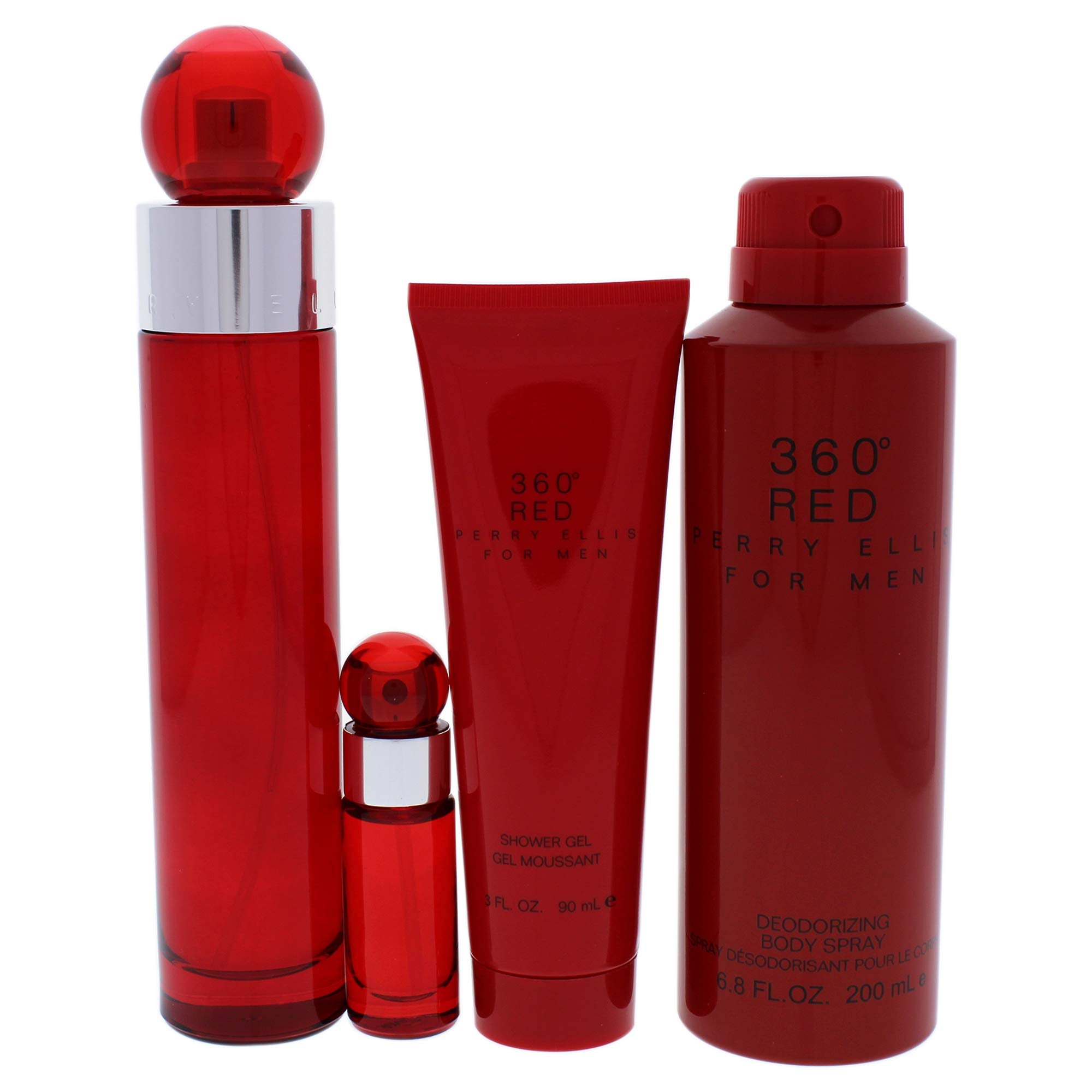 Perry Ellis 360 Red 4-Piece Gift Set for Men – 3.4oz EDT + 6.8oz Body Spray + Shower Gel + 25oz Mini EDT