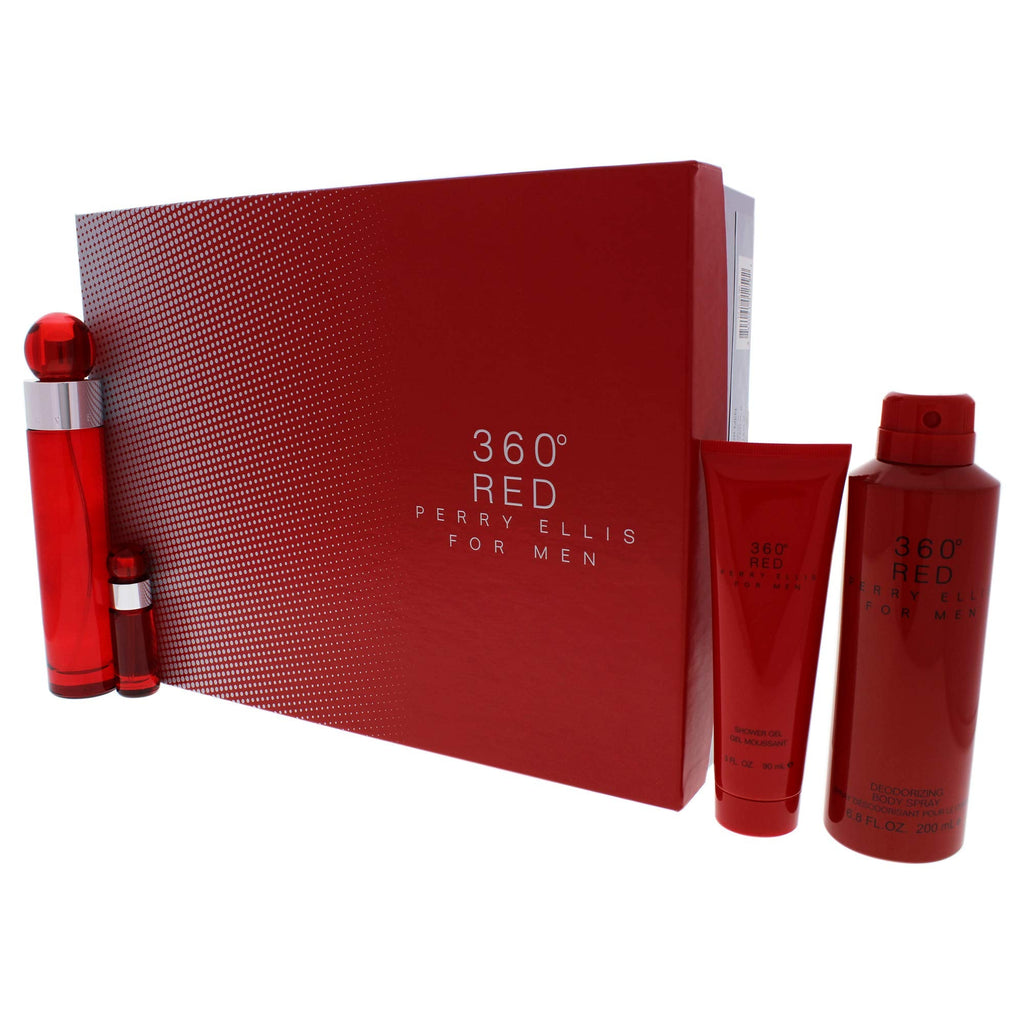 Perry Ellis 360 Red 4-Piece Gift Set for Men – 3.4oz EDT + 6.8oz Body Spray + Shower Gel + 25oz Mini EDT