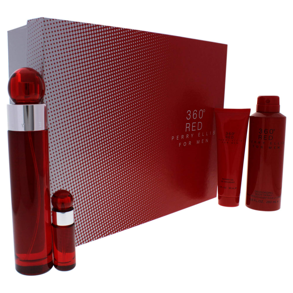 Perry Ellis 360 Red 4-Piece Gift Set for Men – 3.4oz EDT + 6.8oz Body Spray + Shower Gel + 25oz Mini EDT