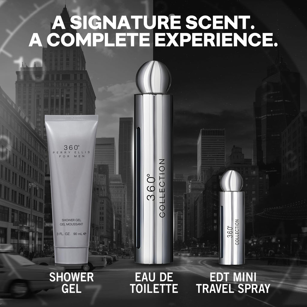 Perry Ellis 360° Collection for Men Gift Set – EDT 3.4 oz + Shower Gel 3 oz + Travel Spray