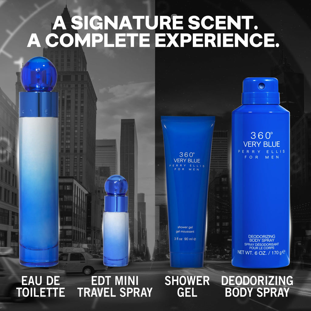 Perry Ellis 360° Very Blue Gift Set – EDT 3.4 oz, Shower Gel 3 oz, Body Spray 6 oz, Mini EDT