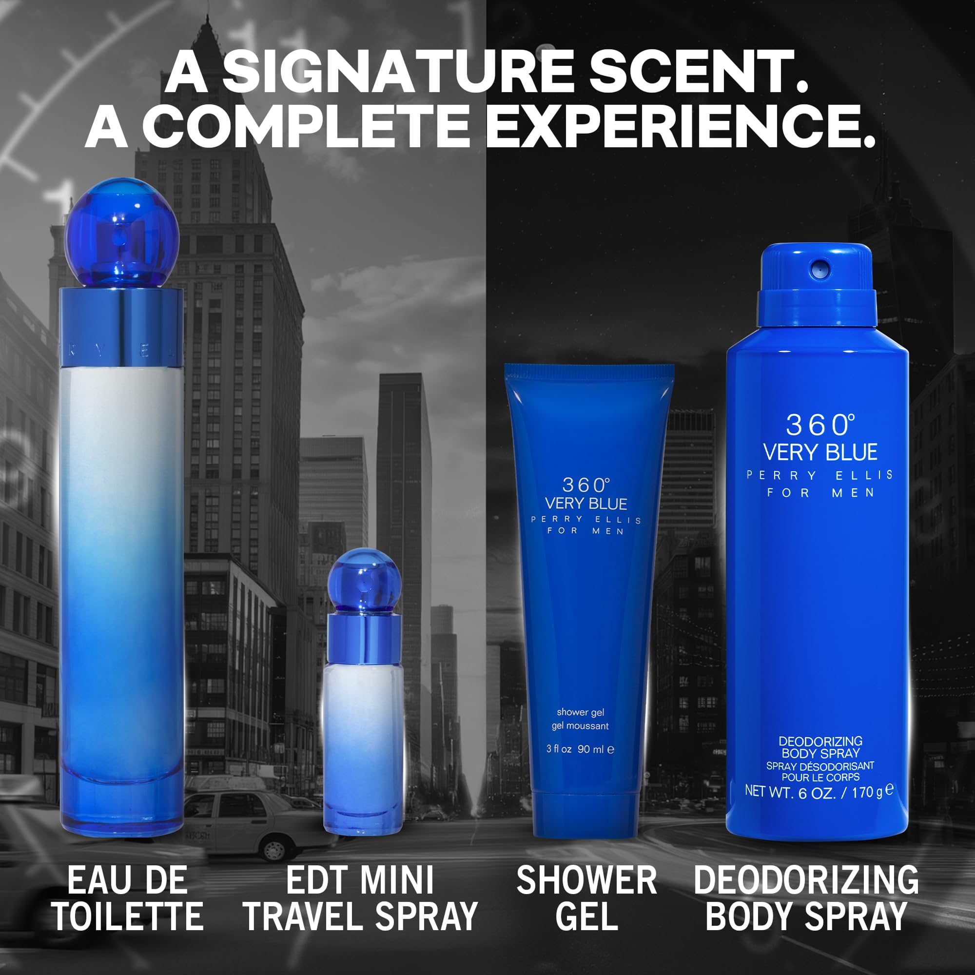 Perry Ellis 360° Very Blue Gift Set – EDT 3.4 oz, Shower Gel 3 oz, Body Spray 6 oz, Mini EDT