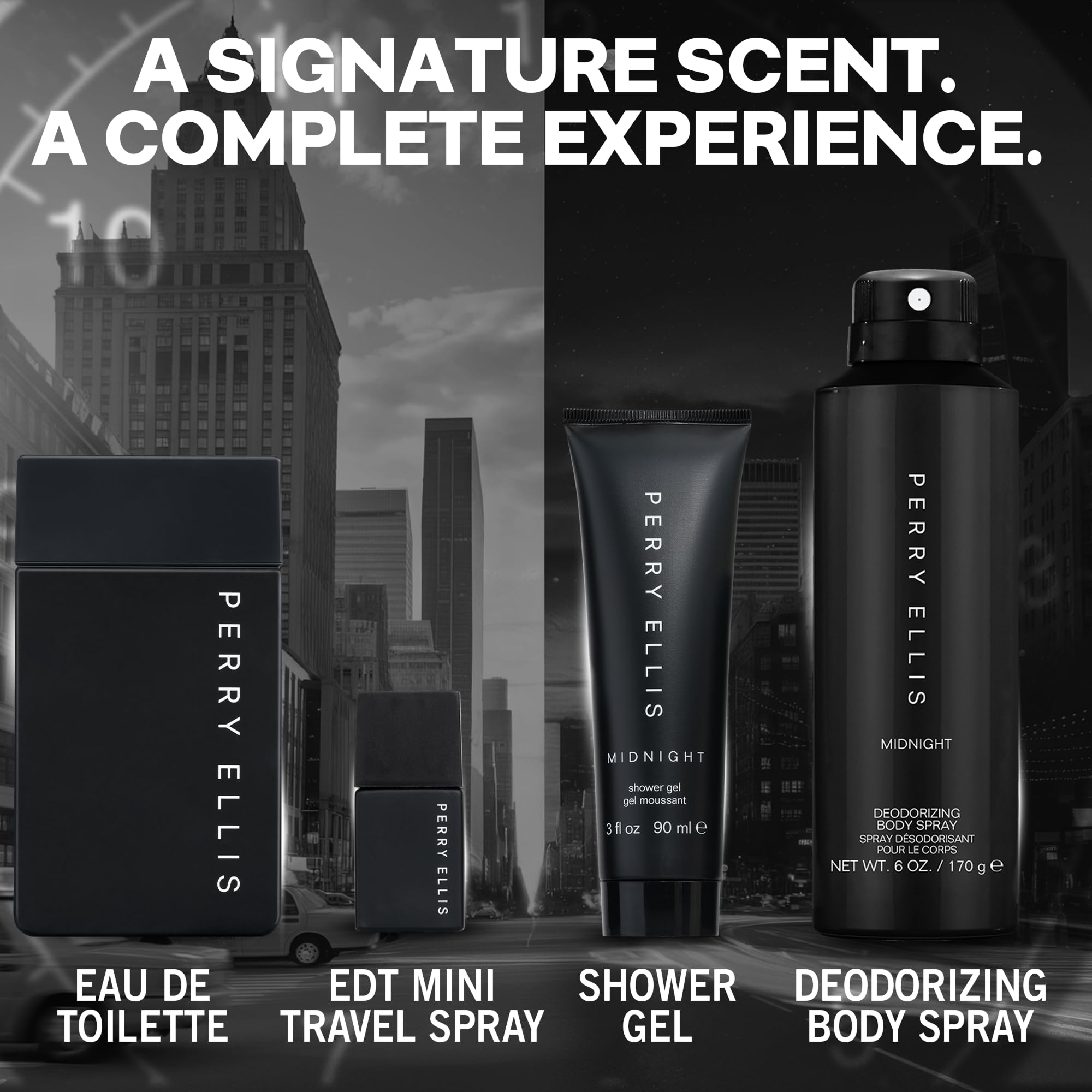 Perry Ellis Midnight 4-Piece Gift Set for Men | Eau de Toilette 3.4 oz + Travel Spray, Body Spray, Shower Gel
