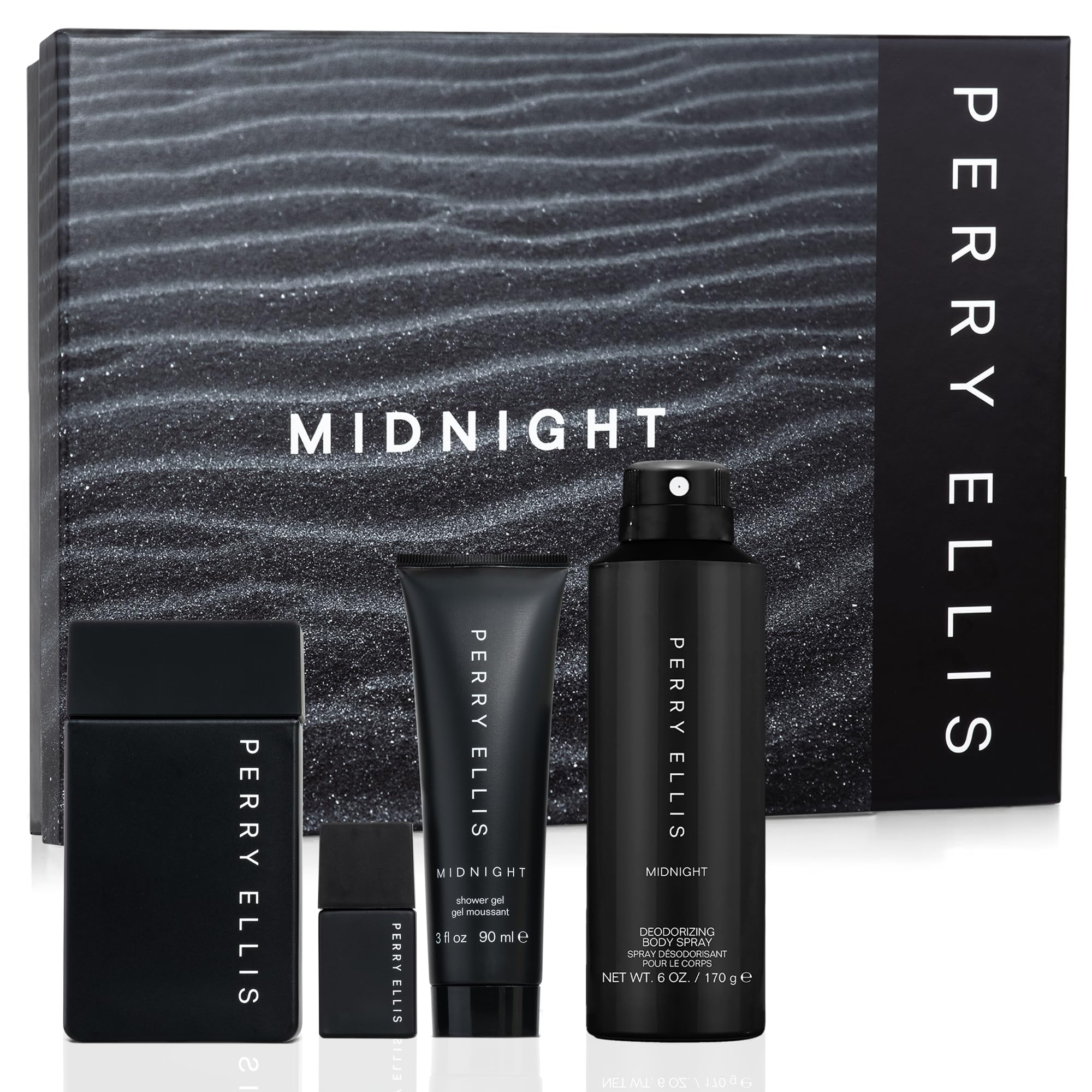 Perry Ellis Midnight 4-Piece Gift Set for Men | Eau de Toilette 3.4 oz + Travel Spray, Body Spray, Shower Gel