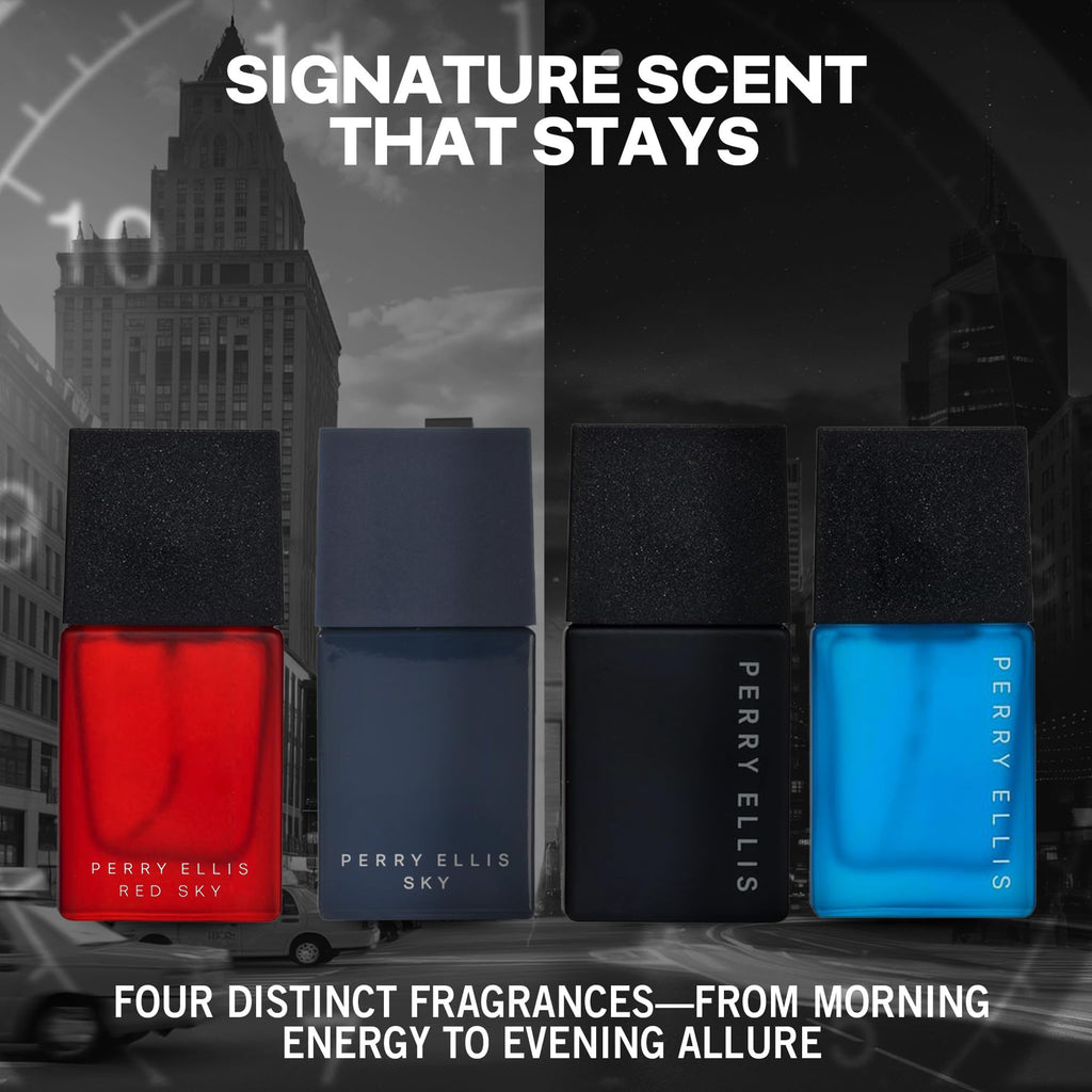 Perry Ellis Men's Mini Coffret Gift Set - Red Sky, Sky, Midnight & Pure Blue (4 x .25 oz EDT Travel Sprays)