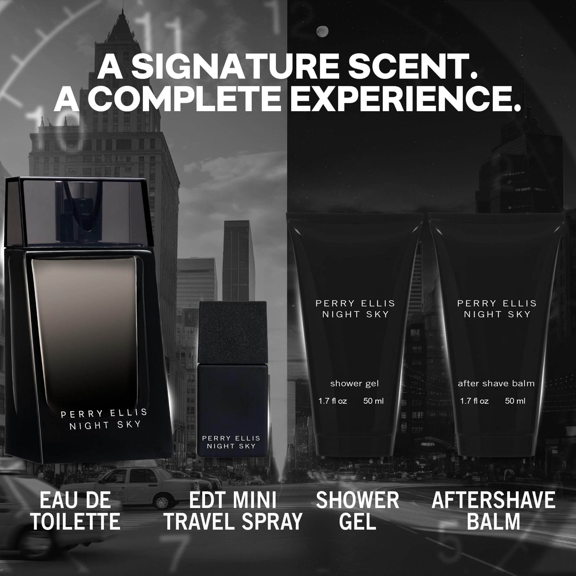 Perry Ellis Night Sky 4-Piece Gift Set – EDT, Balm, Shower Gel for Men