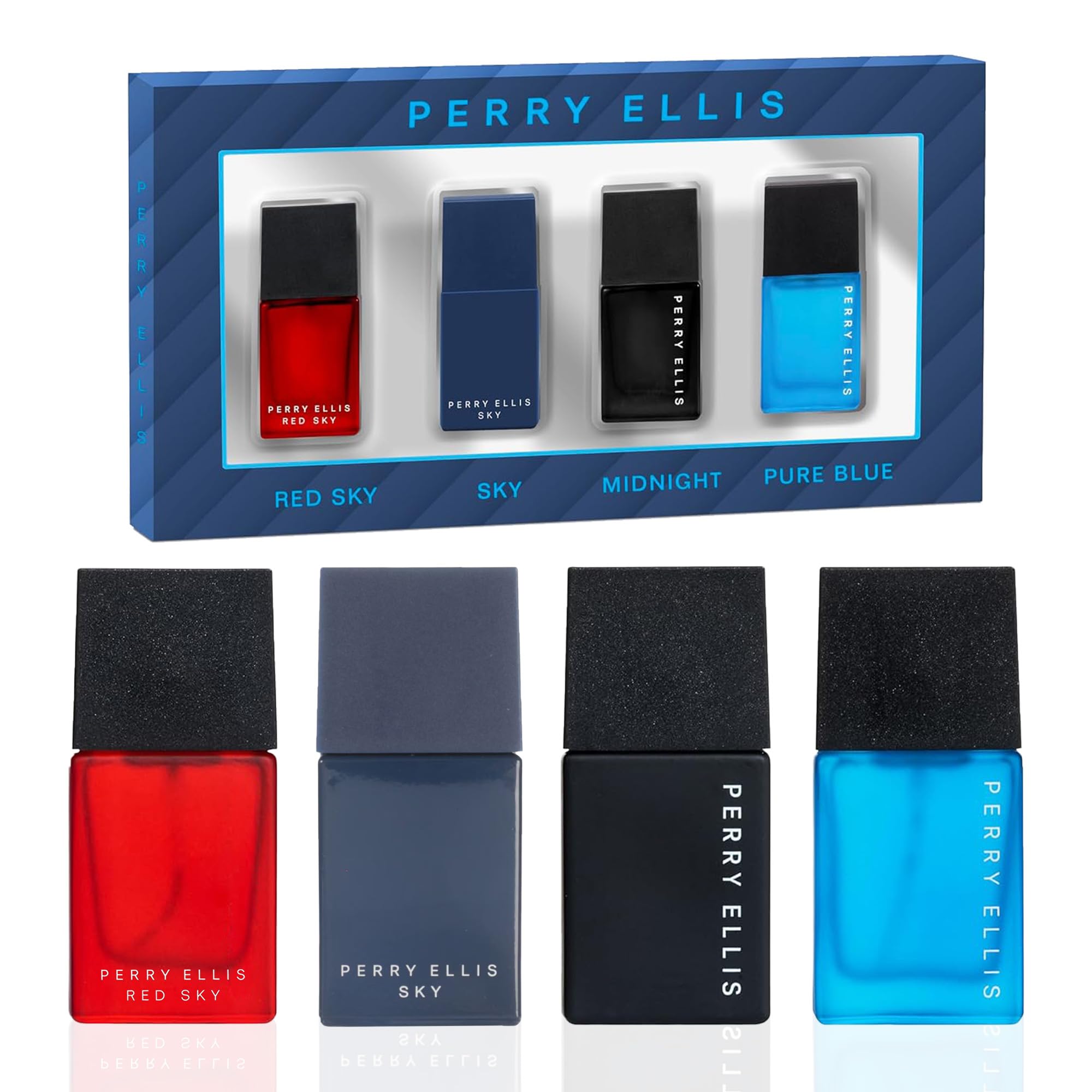 Perry Ellis Men's Mini Coffret Gift Set - Red Sky, Sky, Midnight & Pure Blue (4 x .25 oz EDT Travel Sprays)