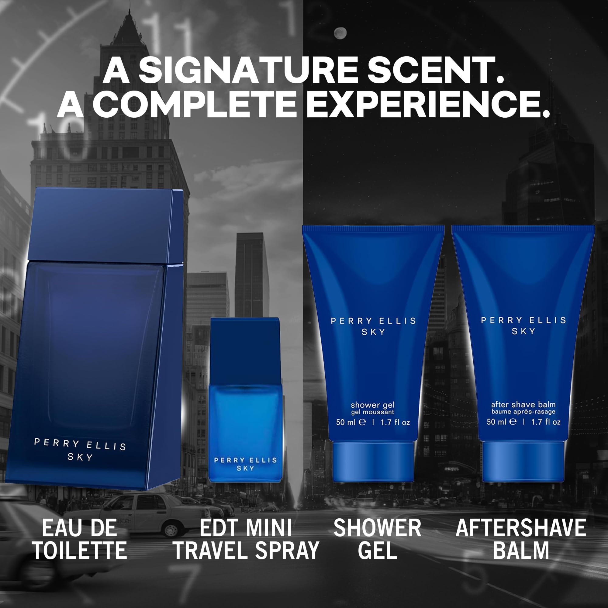 Perry Ellis Sky 4-Piece Gift Set – EDT 3.4 oz, Shower Gel, Aftershave Balm, Travel Spray