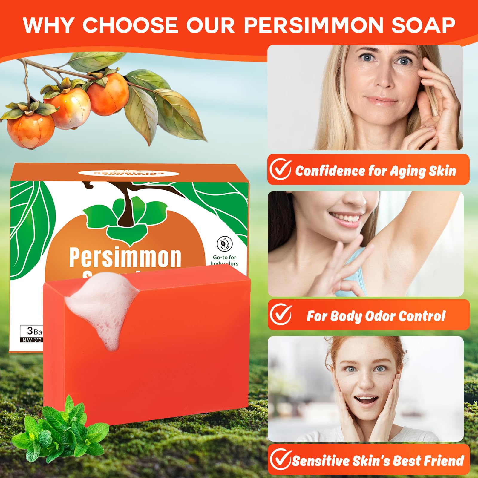 Runsidan 3 PCS Persimmon Soap Bar for Body Odor Control | Natural Deodorant Bath Soap