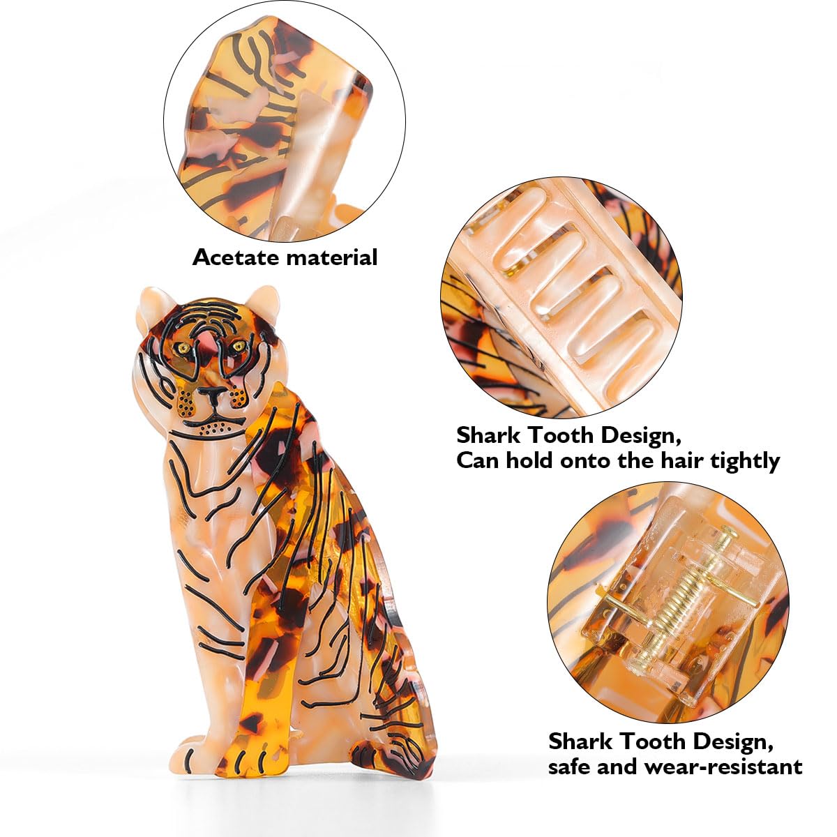 PERSONFUN Tiger Design Hair Claw Clip — Tortoise Shell Acetate, Secure Grip (1.77 x 3.7 in)