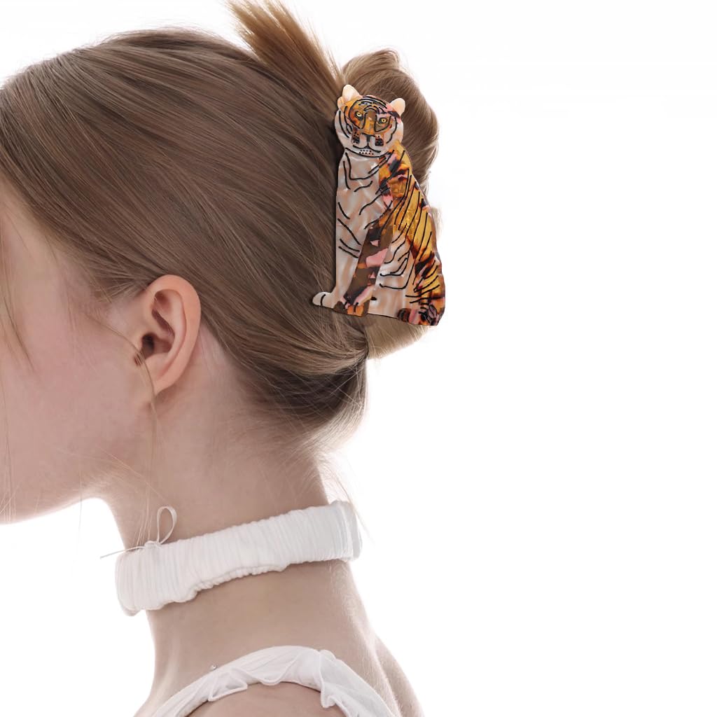 PERSONFUN Tiger Design Hair Claw Clip — Tortoise Shell Acetate, Secure Grip (1.77 x 3.7 in)