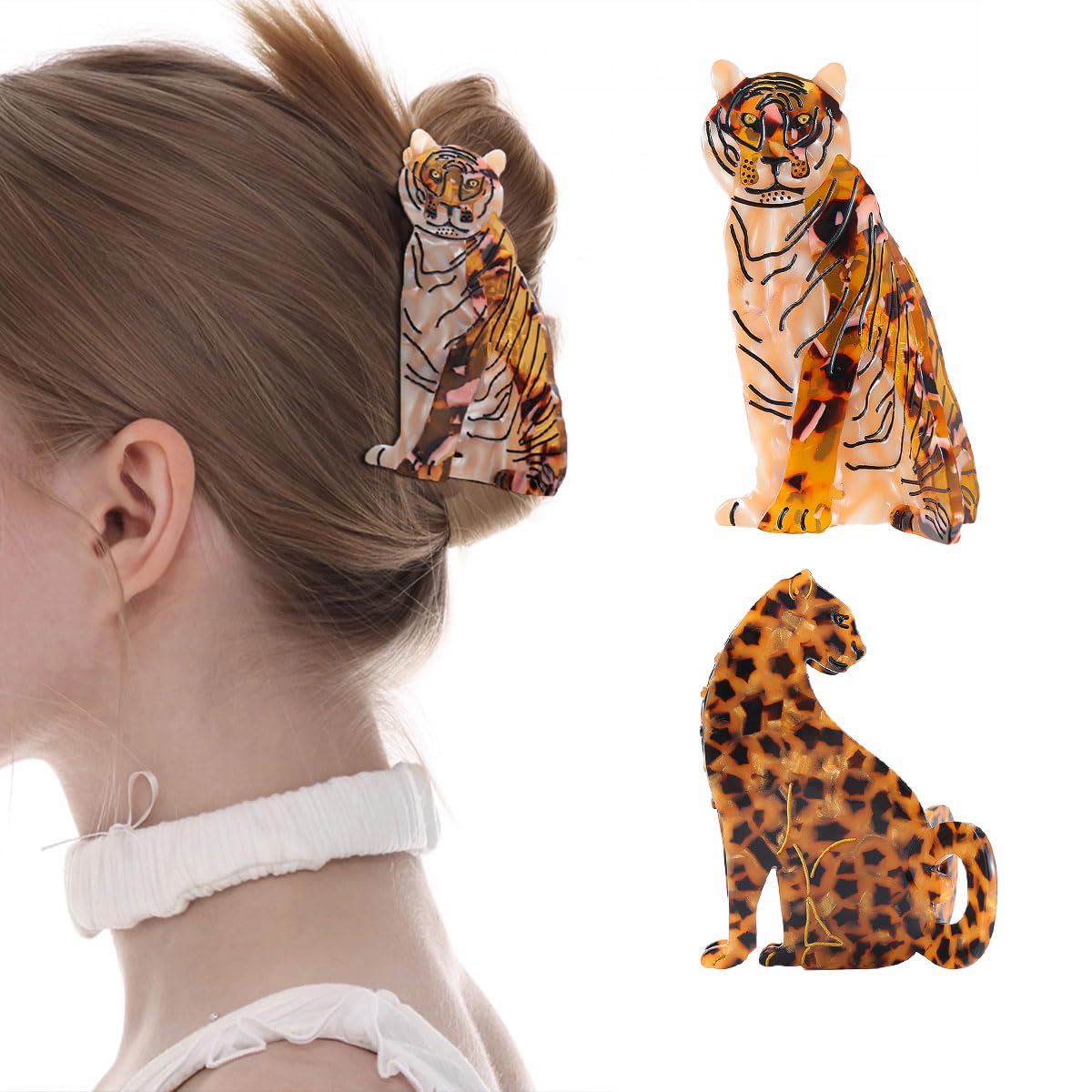 PERSONFUN Tiger Design Hair Claw Clip — Tortoise Shell Acetate, Secure Grip (1.77 x 3.7 in)