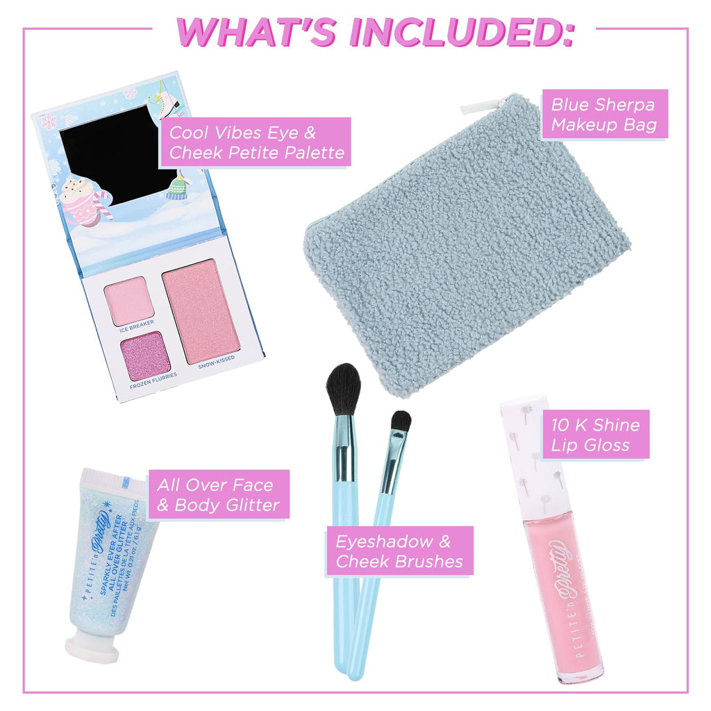 Petite 'N Pretty Sparkle Storm Gift Set for Kids, Tweens & Teens – Palette, Brushes, Lip Gloss & Glitter in Blue Sherpa Bag