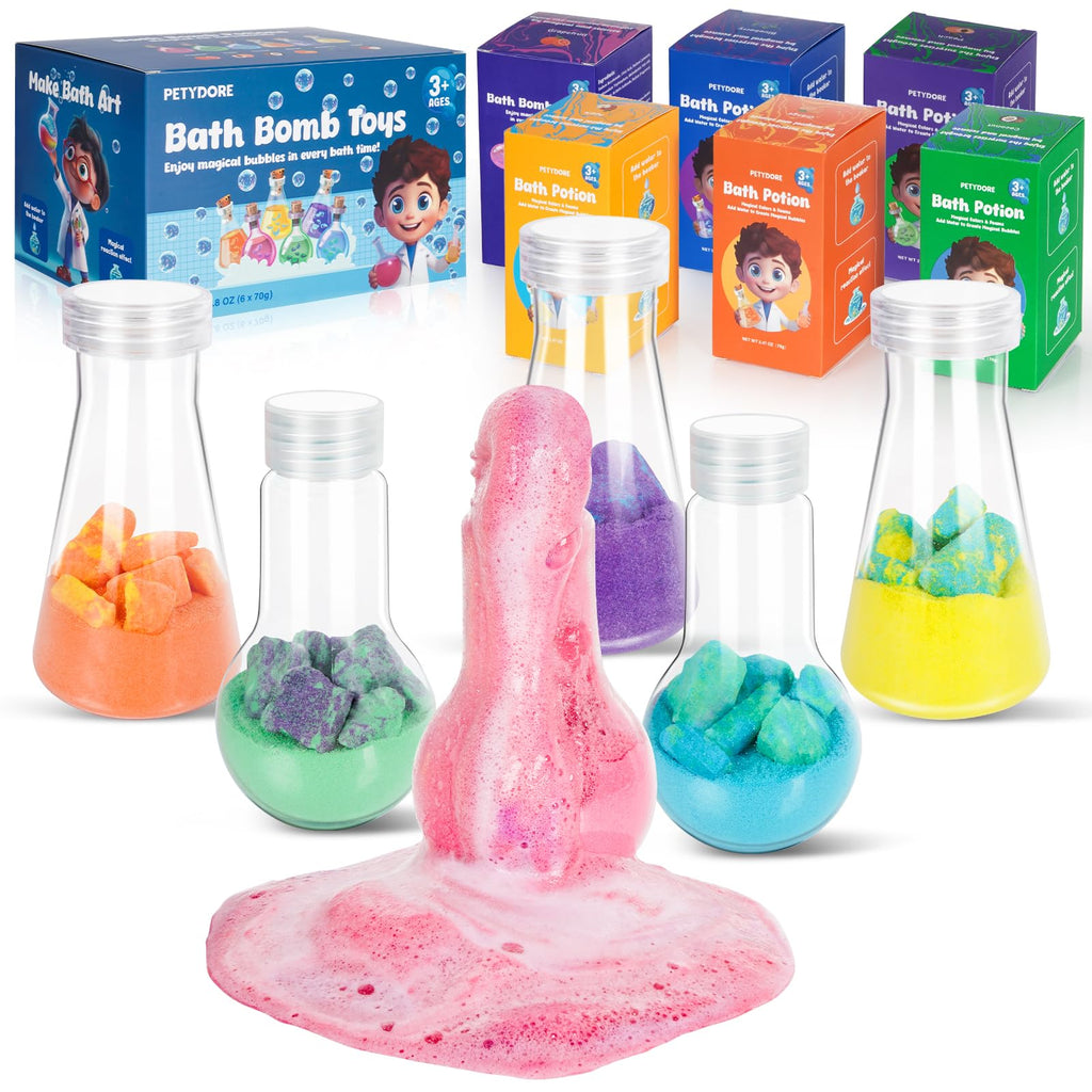 Petydore Bath Bomb Potion for Toddlers & Kids - 6-Pack Non-Toxic Colorful Fizzy Bath Toys