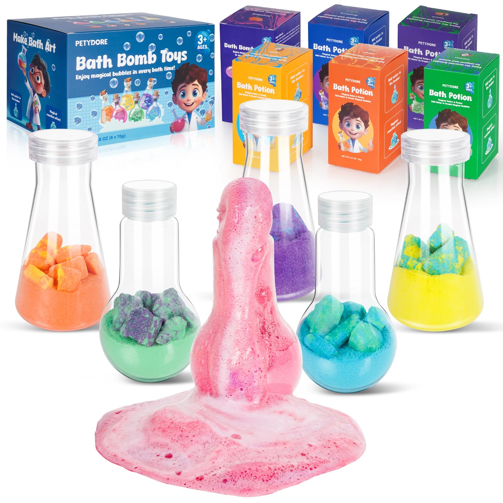 Petydore Bath Bomb Potion for Toddlers & Kids - 6-Pack Non-Toxic Colorful Fizzy Bath Toys