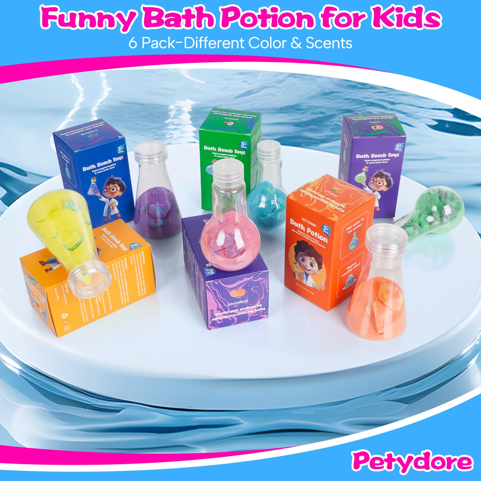 Petydore Bath Bomb Potion for Toddlers & Kids - 6-Pack Non-Toxic Colorful Fizzy Bath Toys