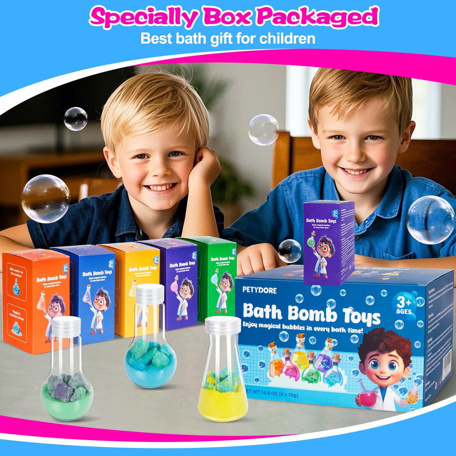 Petydore Bath Bomb Potion for Toddlers & Kids - 6-Pack Non-Toxic Colorful Fizzy Bath Toys