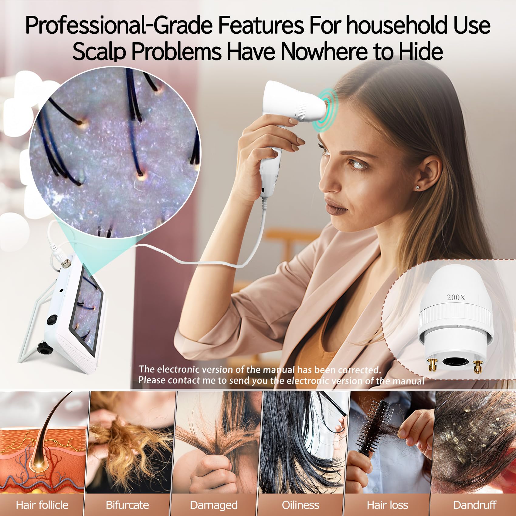 Pewoaoa Skin Hair Analyzer – 5 Inch Digital, 50x/200x Lenses, Portable HD LCD Display