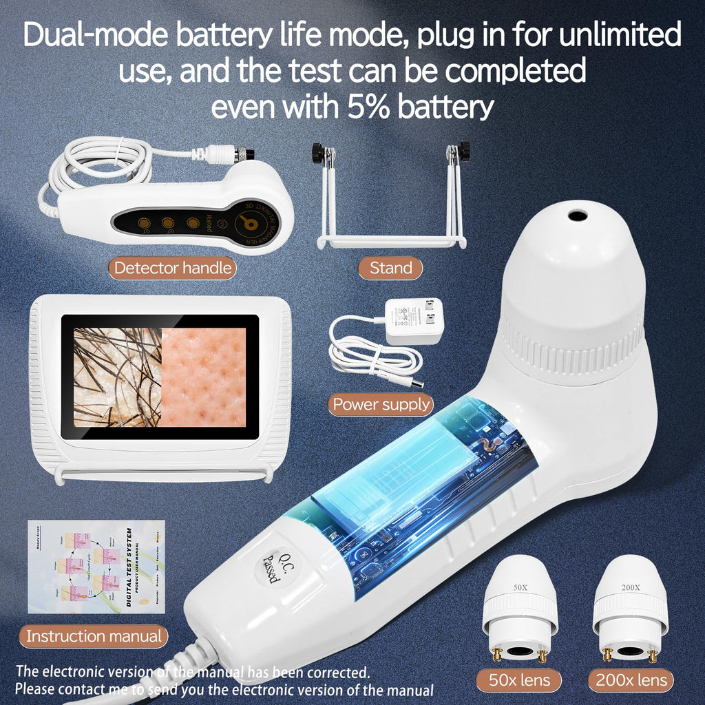Pewoaoa Skin Hair Analyzer – 5 Inch Digital, 50x/200x Lenses, Portable HD LCD Display