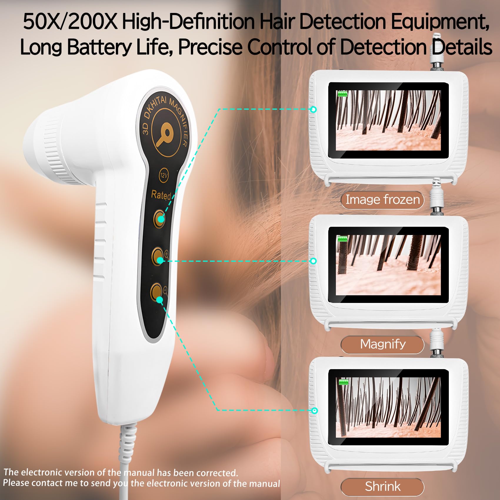 Pewoaoa Skin Hair Analyzer – 5 Inch Digital, 50x/200x Lenses, Portable HD LCD Display