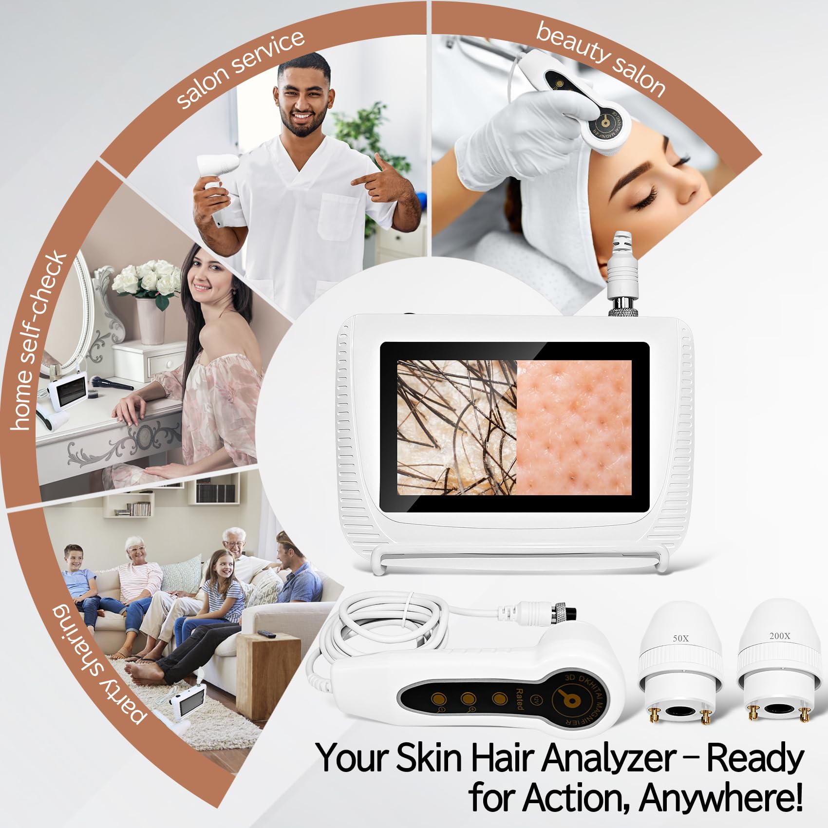 Pewoaoa Skin Hair Analyzer – 5 Inch Digital, 50x/200x Lenses, Portable HD LCD Display