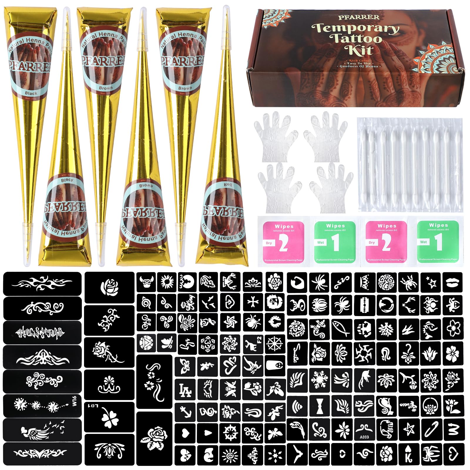 PFARRER Temporary Tattoos Kit – 6 Inks in 3 Colors, 133 Templates, DIY Body Art