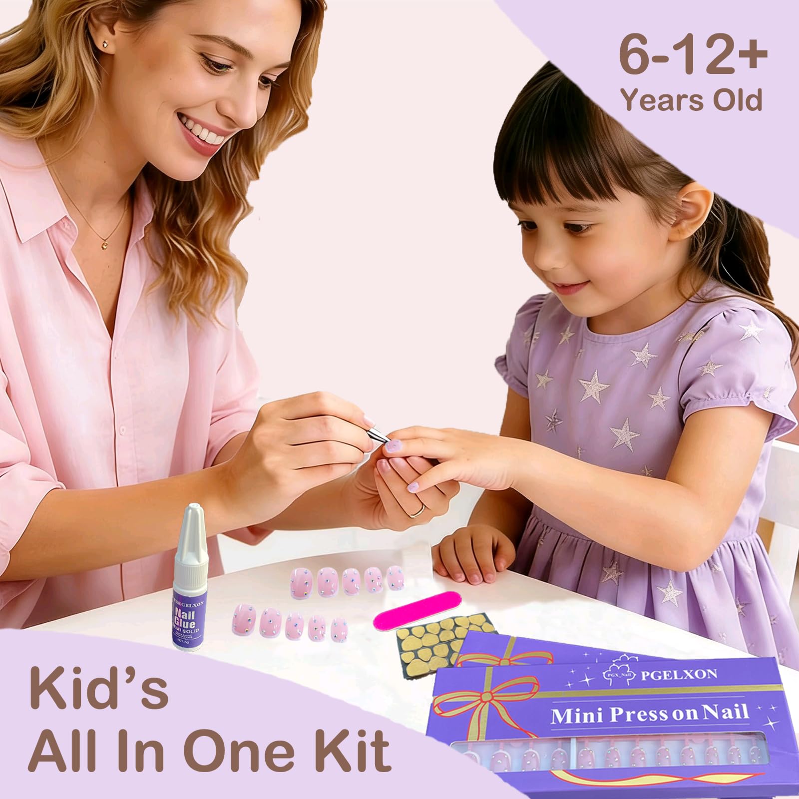 PGELXON Kids Press On Nails – 24pc French Tip Kit for Girls 6-12 with 3D Rhinestones