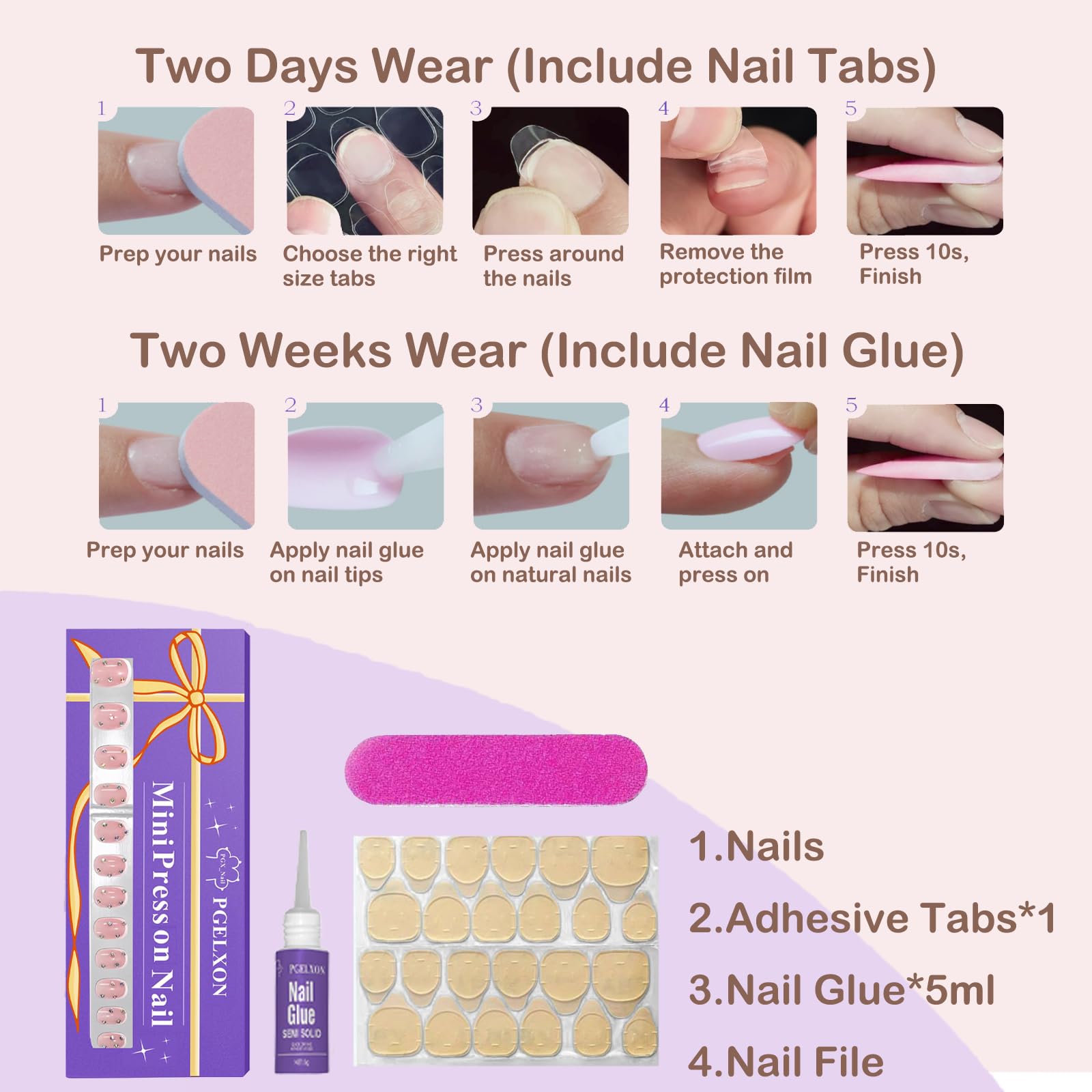 PGELXON Kids Press On Nails – 24pc French Tip Kit for Girls 6-12 with 3D Rhinestones