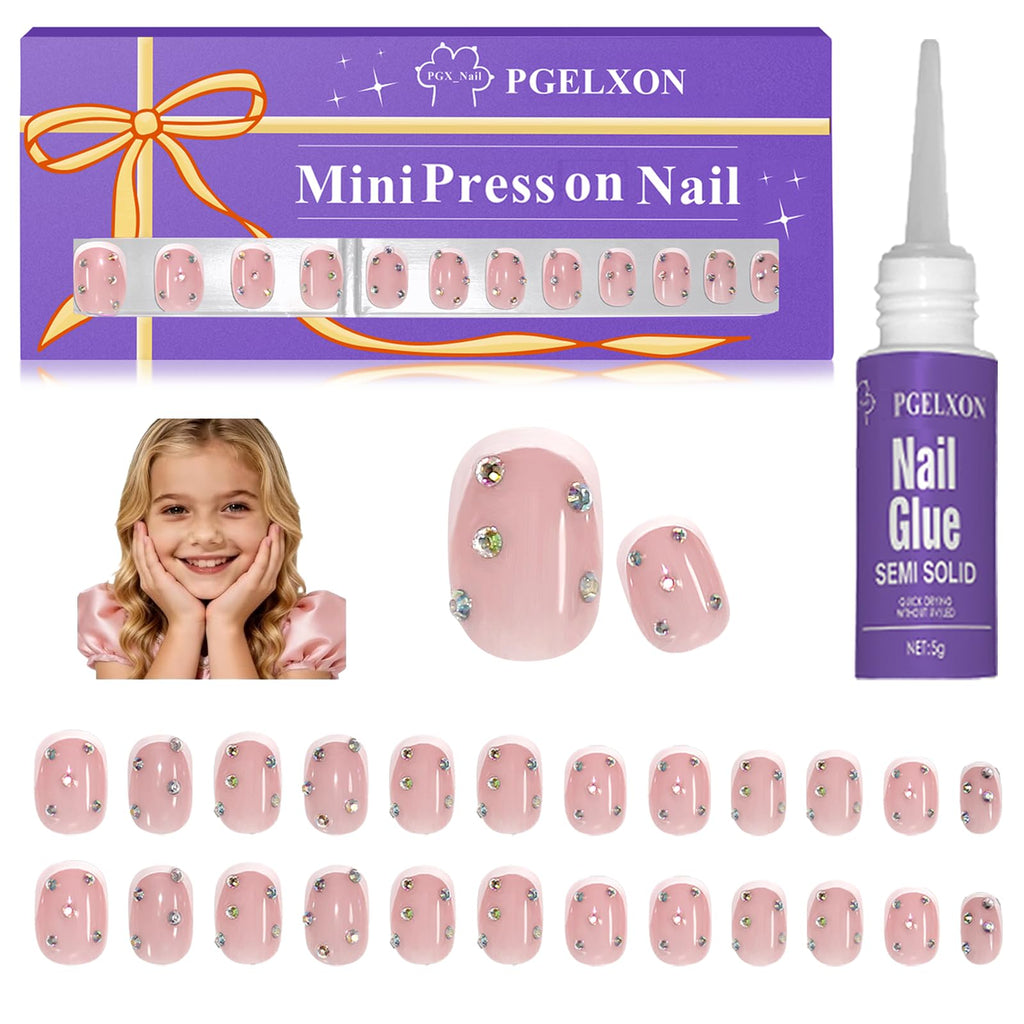 PGELXON Kids Press On Nails – 24pc French Tip Kit for Girls 6-12 with 3D Rhinestones
