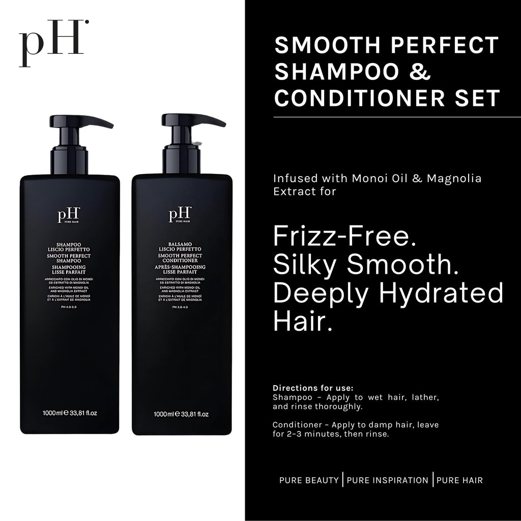 pH PURE HAIR Smooth Perfect Shampoo & Conditioner Set – Frizz Control, Hydration & Monoi Oil