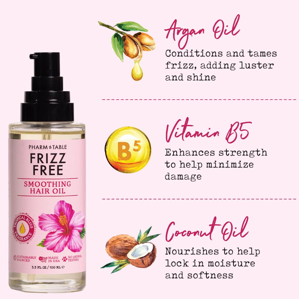 PHARM TO TABLE Frizz Free Smoothing Hair Oil – Argan Oil Nourishment for Silky, Tangle-Free Hair | 100ml