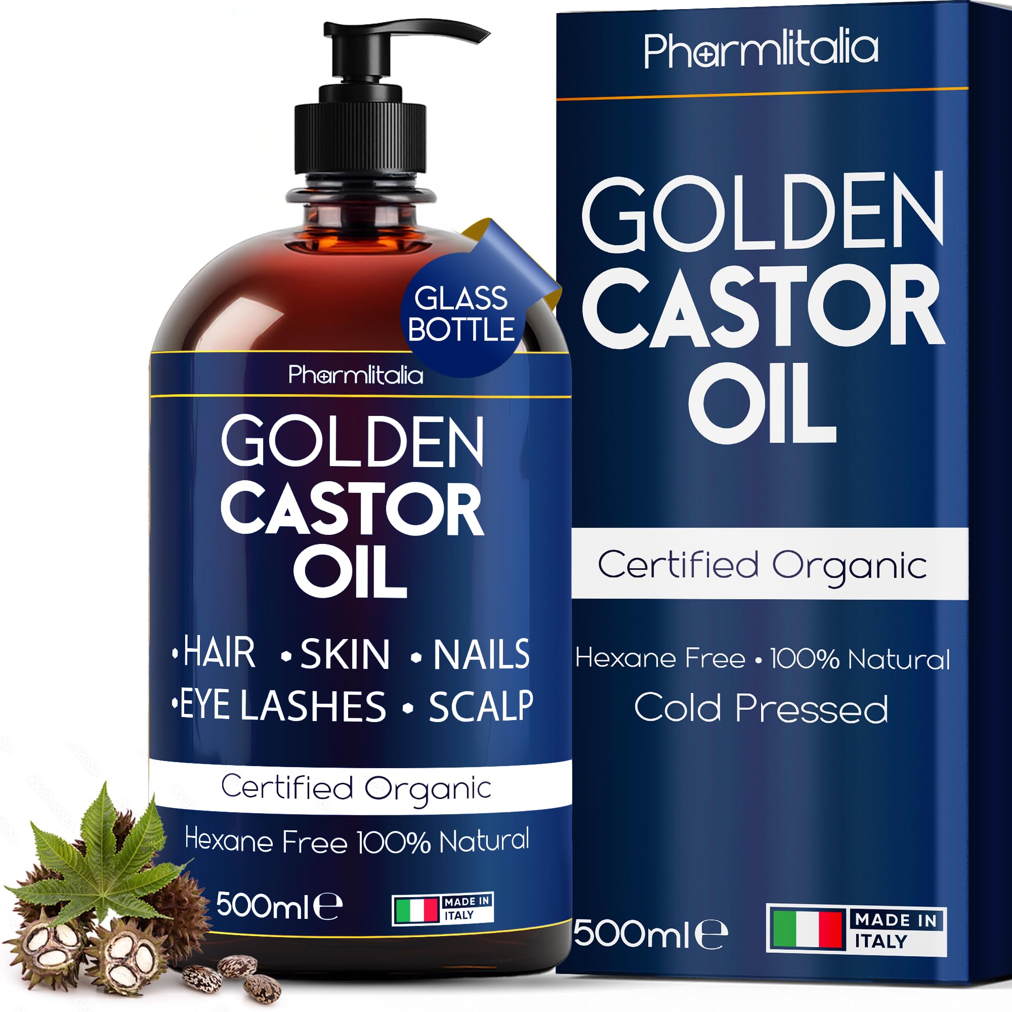 Pharmlitalia Organic Cold-Pressed Castor Oil – 500ml in Dark Glass Bottle for Hair, Skin & Nails