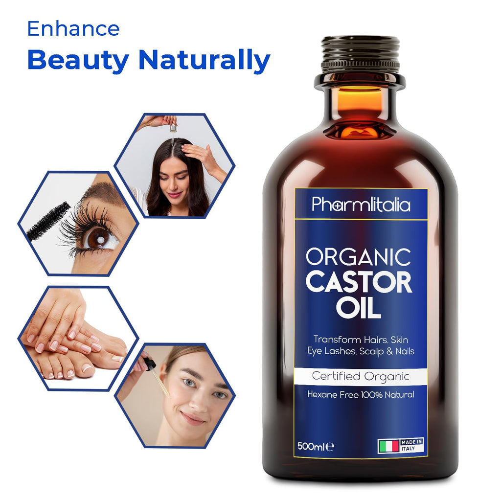 Pharmlitalia Organic Cold-Pressed Castor Oil – 500ml in Dark Glass Bottle for Hair, Skin & Nails