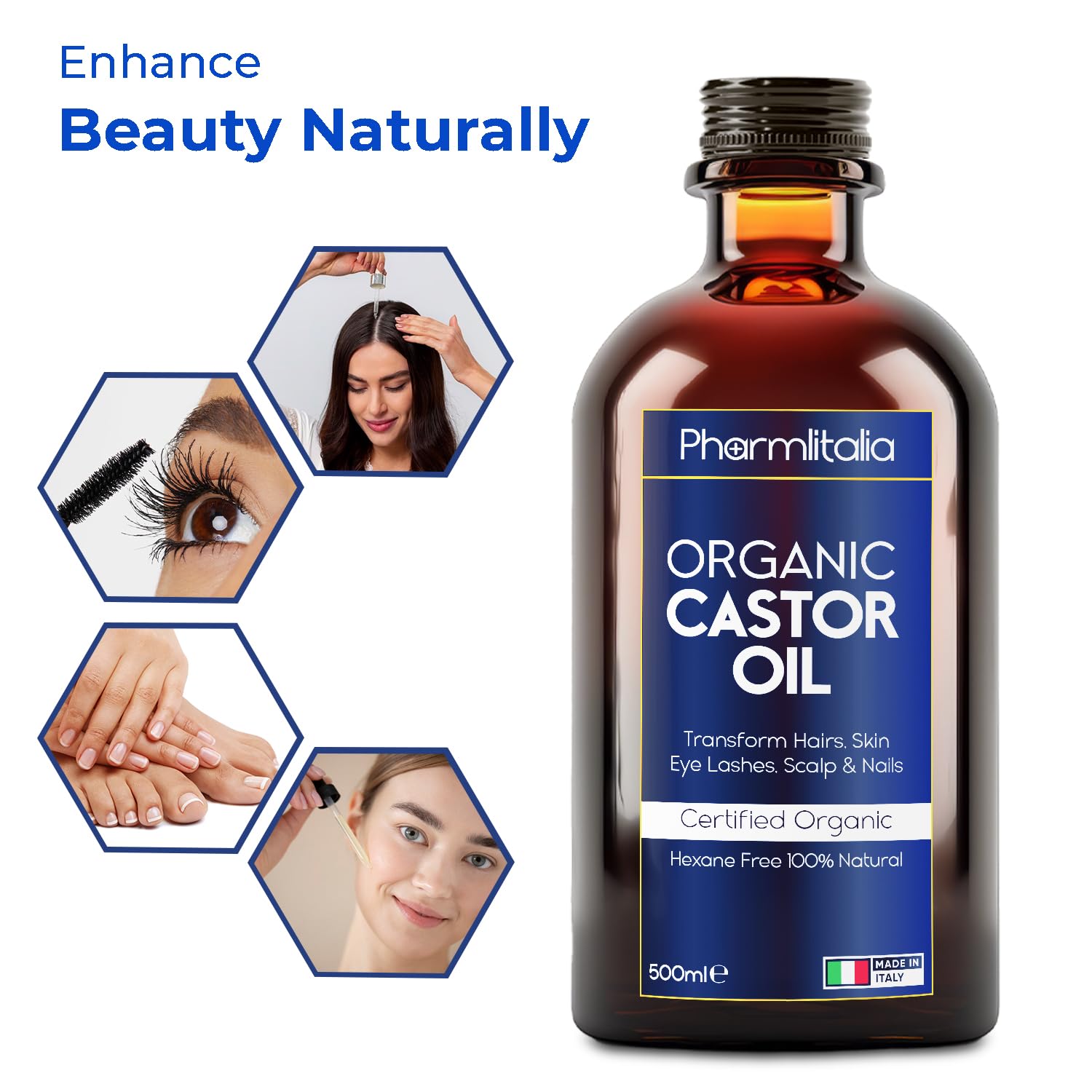 Pharmlitalia Organic Cold-Pressed Castor Oil – 500ml in Dark Glass Bottle for Hair, Skin & Nails
