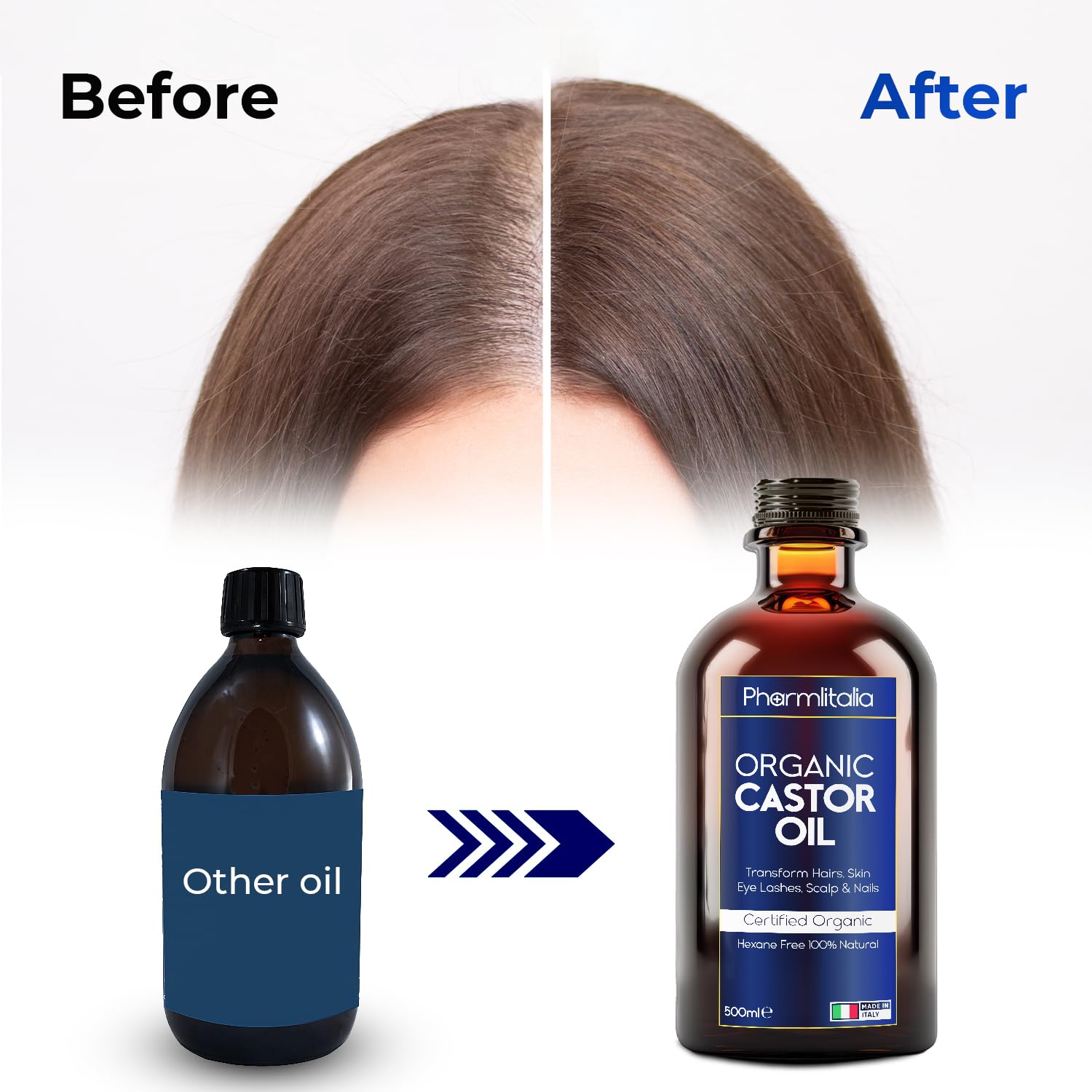 Pharmlitalia Organic Cold-Pressed Castor Oil – 500ml in Dark Glass Bottle for Hair, Skin & Nails